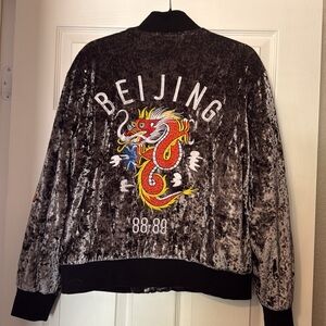 Topshop Gray and Black Velvet Bomber Jacket